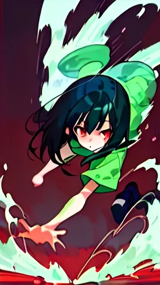 Prompt: Poster image, cute girl with black hair, energetic motion, timid expression, red background, high quality, vibrant colors, anime style, detailed hair, dynamic posing, playful atmosphere