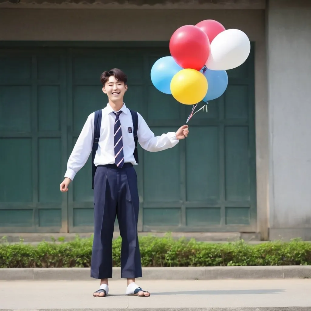 Prompt: Young Korean Male with school uniform on, Barefooted and inflating like a balloon. He’s Smiling 