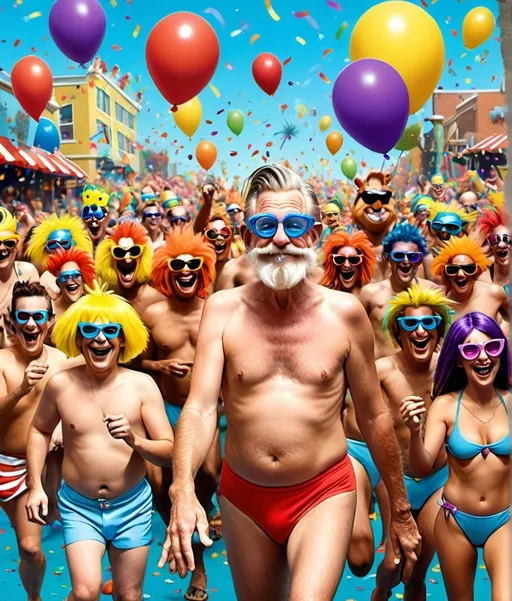 Prompt: Dr. Seuss animation style A parade of wacky characters in speedos with boas and fans and sunglasses surrounded by confetti and rainbows in style of Dr. Seuss book cartoons