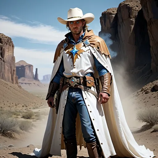 Prompt: (holy paladin) gunslinger, rugged cowboy hat, flowing shoulder cape, glowing blue eyes, white and blue clothing, gritty Western landscape, (hidden darkness) looming in the background, dusty ground, dramatic lighting casting shadows, strong atmospheric tension, high detail, 4K, cinematic depth, epic scene of conflict and valor, sense of mystery and danger surrounding the figure.