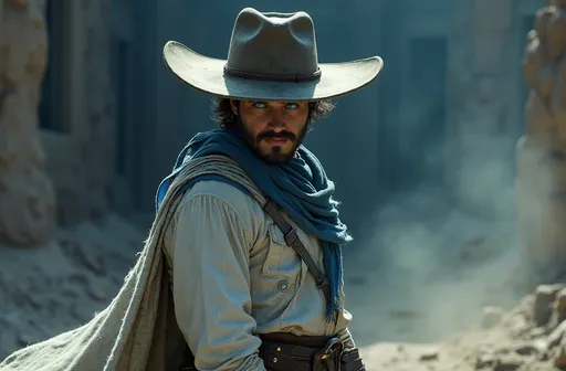 Prompt: (holy paladin) gunslinger, rugged cowboy hat, flowing shoulder cape, glowing blue eyes, white and blue clothing, gritty Western landscape, (hidden darkness) looming in the background, dusty ground, dramatic lighting casting shadows, strong atmospheric tension, high detail, 4K, cinematic depth, epic scene of conflict and valor, sense of mystery and danger surrounding the figure.