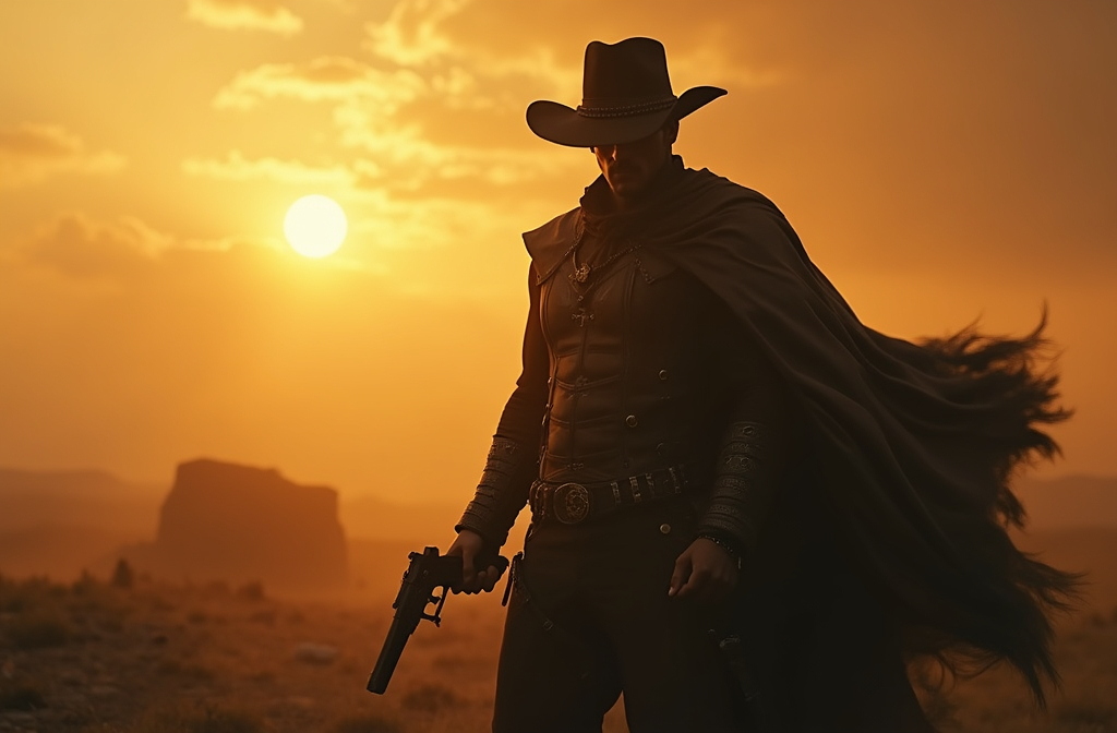 Prompt: (holy paladin) gunslinger in a gritty Western landscape, (hidden darkness) shrouded in a mysterious aura, wearing a rugged cowboy hat and a flowing shoulder cape, the setting sun casting warm golden tones and deep shadows, evoking a sense of rugged heroism, ultra-detailed, cinematic atmosphere, dramatic contrasts between light and dark, an emblem of hope amidst turmoil.