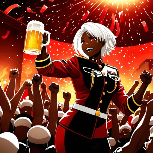 Prompt: (muscular woman in military uniform), raising a beer, (red eyes), striking dark skin, short white hair, black and red uniform, festive atmosphere, celebrating triumph, dramatic lighting accentuating features, high contrast colors, (ultra-detailed), energetic vibe, celebrating camaraderie and love, dynamic pose, (epic background of a military base).