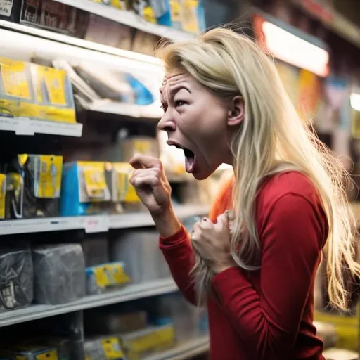 Prompt: Very overly angry but pretty girlfriend yelling at her boyfriend for buying too much hardware. She has blonde hair and has little nuclear explosions coming from her eyes