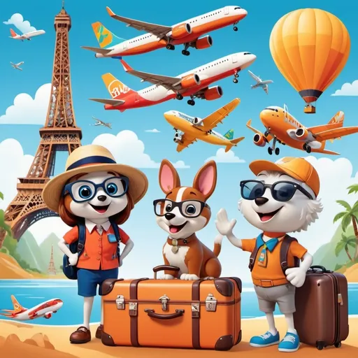 Prompt: (characters of a travel mascot), cheerful and friendly, cartoon style, vibrant colors, (background of travel-themed icons) such as landmarks, planes, and suitcases, (dynamic layout) that captures adventure and exploration, (whimsical elements), engaging and fun atmosphere, ultra-detailed, HD quality, perfect for travel information branding.