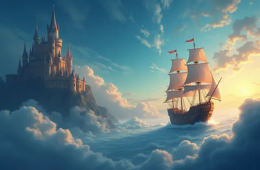 Prompt: Hãy tạo cho tôi một background kỷ yếu với con tàu ở bên phải, mũi tàu hơi quay về bên trái, con tàu nằm gần ảnh hơn lâu đài, Và Lâu Đài Ở bên trái, hãy vẽ thêm cho tôi những đám mây như tấm hình trên bao quanh lâu đài, font chữ mang lại cảm giác magic với nội dung "Graduation 12a1". Chi tiết background gồm: A whimsical scene unfolds in a dreamy sky illuminated by a soft gradient of deep blues and warm golds, where a magnificent castle with towering spires glows against the backdrop of swirling clouds. To the right, a majestic ship with billowing sails navigates through the ethereal clouds, leaving trails of light in its wake, suggesting a journey filled with enchantment and wonder. The composition is artistically rich, blending fantastical elements that evoke a sense of adventure, while the decorative typography boldly proclaims "Imagination" in an elegant, flowing script. Overall, the image captures a magical narrative, inviting viewers to explore realms of creativity and fantasy.
The image is a digital illustration of a pirate ship sailing in the sky with a castle in the background. The sky is filled with clouds and the ship is sailing on the right side of the image. The ship is brown with white sails and appears to be sailing towards the castle on the left side. The castle is made of stone and has multiple towers and turrets. The background is a deep blue color with a hint of purple and orange. Above the ship, there is a banner with the words "Paradise of the Sea" written in a cursive font. The overall theme of the illustration is dark and mysterious.