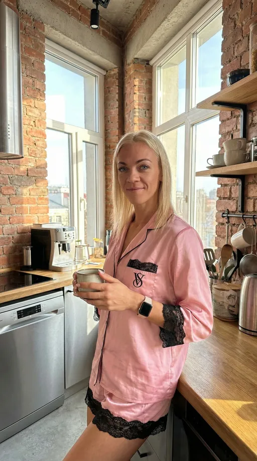 Prompt: Светлый студийный интерьер. Кухня в стиле лофт. Утро.
Женщина не меняя внешность уверенная, спокойная в пижаме Виктория Сикрет.