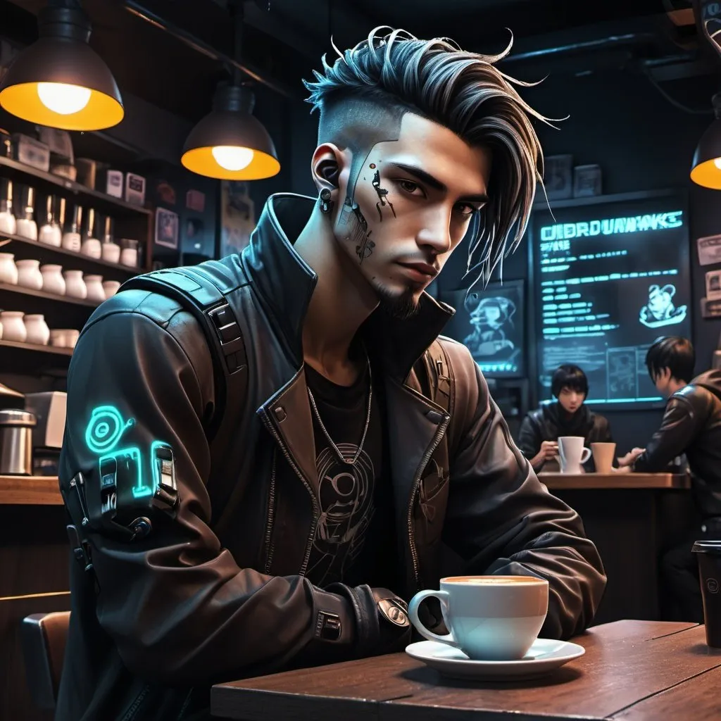 Prompt: Anime cyberpunk style, man in coffee shop, highly detailed, HD, dark background