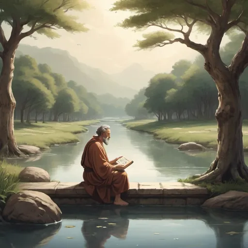 Prompt: “Create an illustration depicting the essence of Stoicism. The scene should feature a serene, wise philosopher like Marcus Aurelius or Seneca, seated in a tranquil environment such as a quiet garden or a library. The background should include subtle symbols of Stoic principles, like a flowing river to represent the flow of life, a sturdy tree symbolizing resilience, and an ancient scroll with Stoic teachings. The overall mood should convey calmness, inner peace, and strength in the face of adversity.”