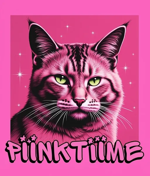 Prompt: a pink picture of a cat with the words punk time on it's face and a black and white cat's head, Banksy, funk art, pink, a pop art painting