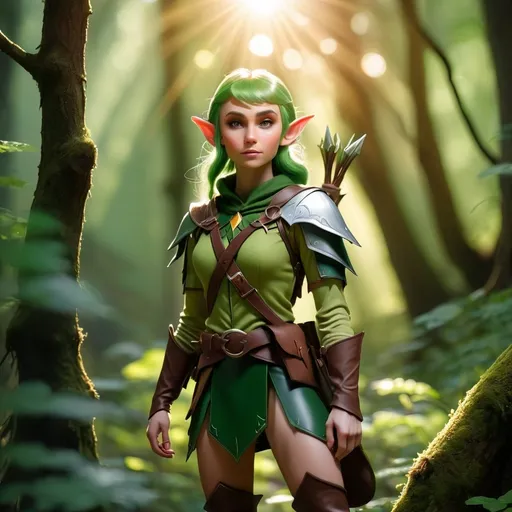 Prompt: Elf ranger in a mystical forest around sunlight