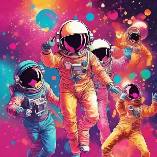 Prompt: Astronauts in bright 70s space suits, in space, retro disco colors, vibrant disco lighting, 70s disco flower power fashion, energetic movement, high quality, 70's poster style, groovy vibes, disco themed, dynamic poses, colorful disco attire, energetic performance