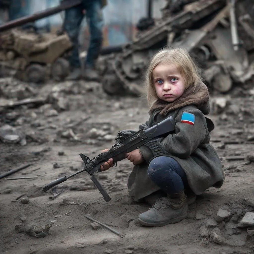 Prompt: War Ukraine and Russia. In end nothing blade and death. See this little girl 3 years old