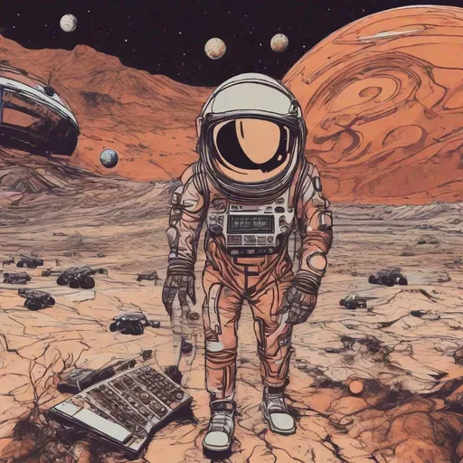 Prompt: Astro composer making  techno music on mars with lots of psychodelic background and dark feeling
