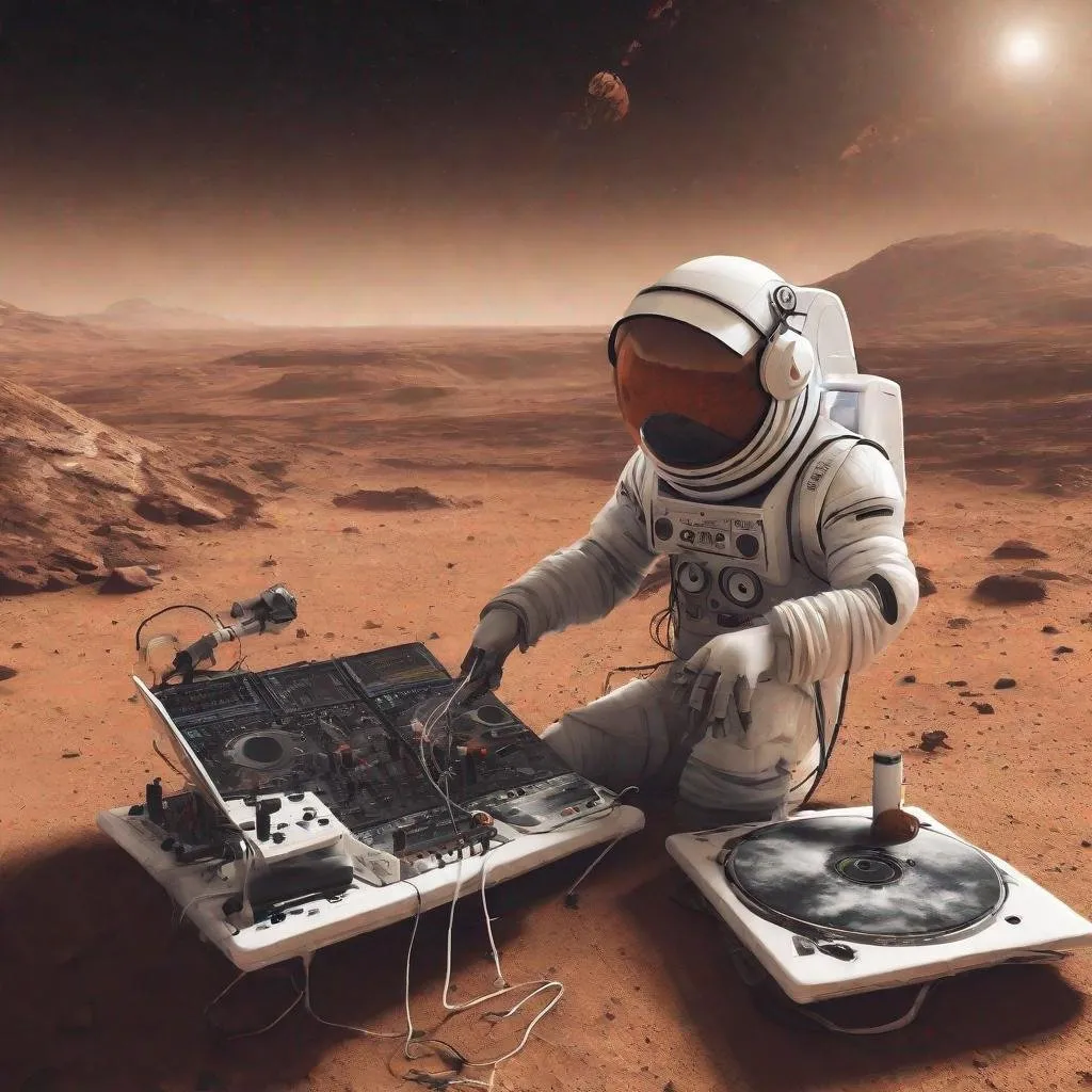 Prompt: Astro dj playing techno music on mars 