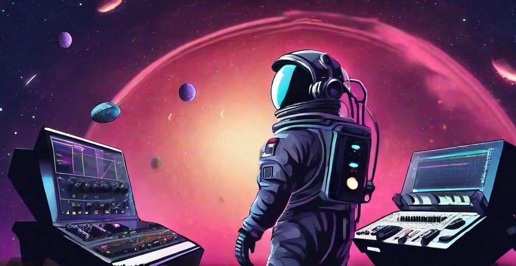 Prompt: Make space music production background with nice nebula and music production equipment and floating lost astronaut
