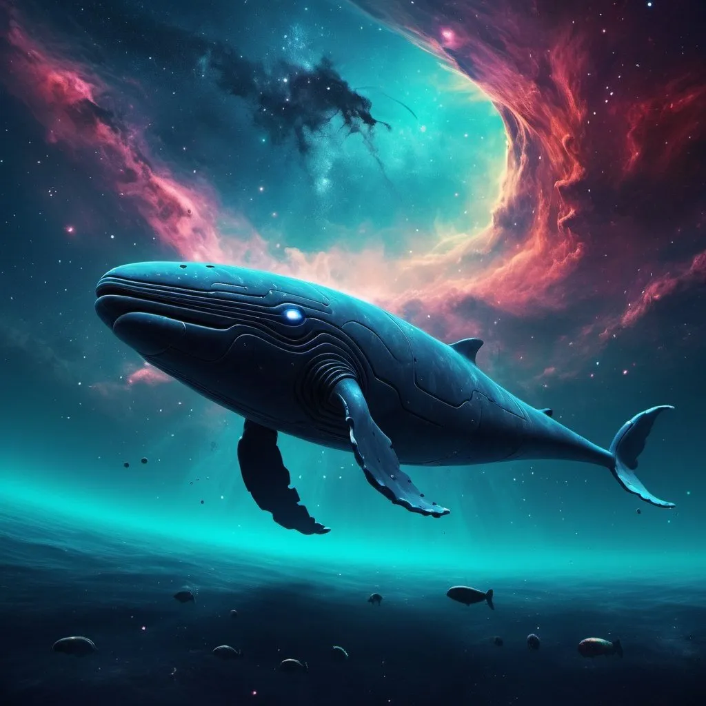 Prompt: a lone futuristic robo-whale glides through the depths of the infinite universe, surrounded by magnificent nebulas