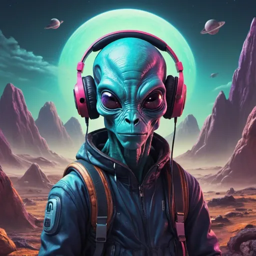 Prompt: Alien wearing headphones, listening to music on a strange planet, futuristic, vibrant colors, alien anatomy, unique landscape, high-tech headphones, otherworldly atmosphere, detailed textures, high quality, digital art, bright and surreal, alien technology, alien creature, headphones, vibrant, futuristic landscape, unique design, cool tones, atmospheric lighting, MISHKA text at the bottom