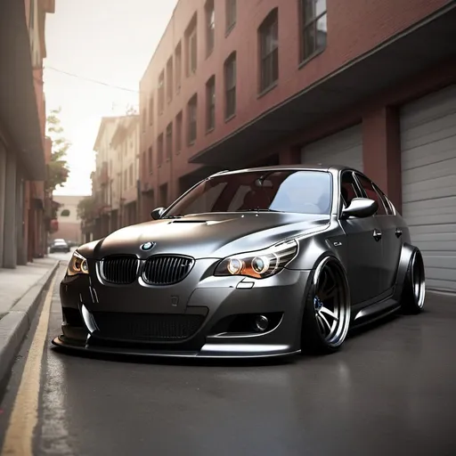 Prompt: Wide body BMW e60 car, metallic paint, aggressive stance, high quality, realistic rendering, carbon fiber accents, detailed interior, professional automotive rendering, dynamic lighting, vibrant colors, urban setting