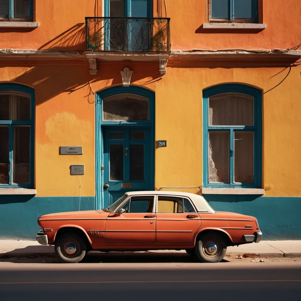 Prompt: a car parked on the side of a street next to a building with a broken window and a broken tire, Dahlov Ipcar, aestheticism, 8 k hd, a colorized photo