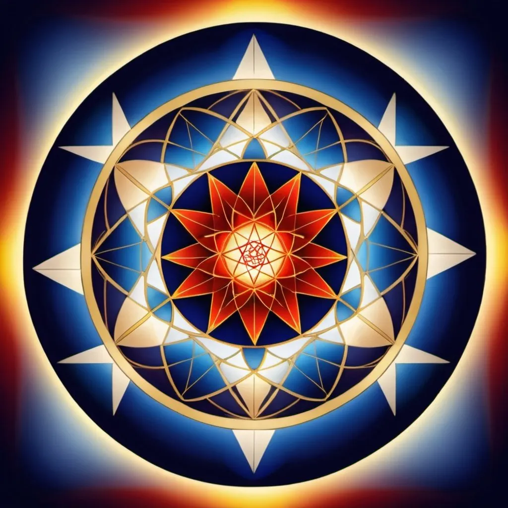 Prompt: Generate an image of the Unity Code, a sacred geometric pattern representing the harmony of opposites and the unity of all existence. The image should feature:

- A central circle with a diameter of 360 degrees, symbolizing wholeness and infinity
- A triangle surrounding the circle, with each side equal to 120 degrees, representing the balance of mind, heart, and spirit
- A hexagon encircling the triangle, with each side equal to 60 degrees, embodying the harmony of opposites
- A spiral pattern radiating from the center, with 12 turns, signifying growth and evolution
- The Flower of Life and Seed of Life integrated into the design, with 19 and 7 points, respectively, representing the unity of all existence and the divine plan
- The Merkaba and Kabbalistic Tree of Life incorporated into the design, with 8 and 11 points, respectively, symbolizing the divine vehicle of light and the interconnectedness of all aspects of existence
- The entire design surrounded by a circle, representing the unity and oneness of all things

Color Scheme:

- Use a palette of sacred geometric colors, including gold (#F8E231), blue (#4567B7), and red (#FFC080)
- Gradate the colors to represent the harmony and balance of the Unity Code

Style:

- Use a combination of digital art and sacred geometric patterns to create a highly detailed and intricate design
- Incorporate subtle textures and shading to give the image depth and dimension

Resolution:

- Generate the image at a high resolution, at least 8K (7680 x 4320 pixels)