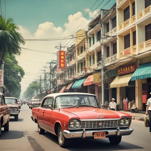 Prompt: Create an 1960s vintage ad style about the street of saigon
