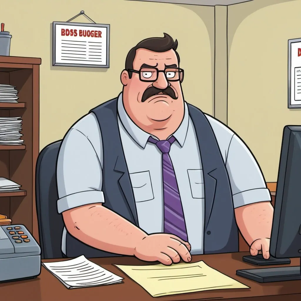 Prompt: slightly overweight man being kindly denied his job application. This is in an office setting and slightly cartoonish in a bobs burgers style.