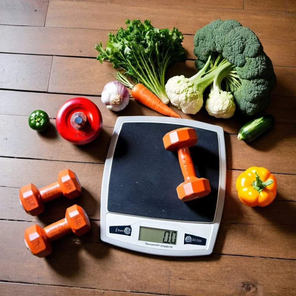 Prompt: vegetables, a dumbell, a broken weight scale on the wooden floor 

