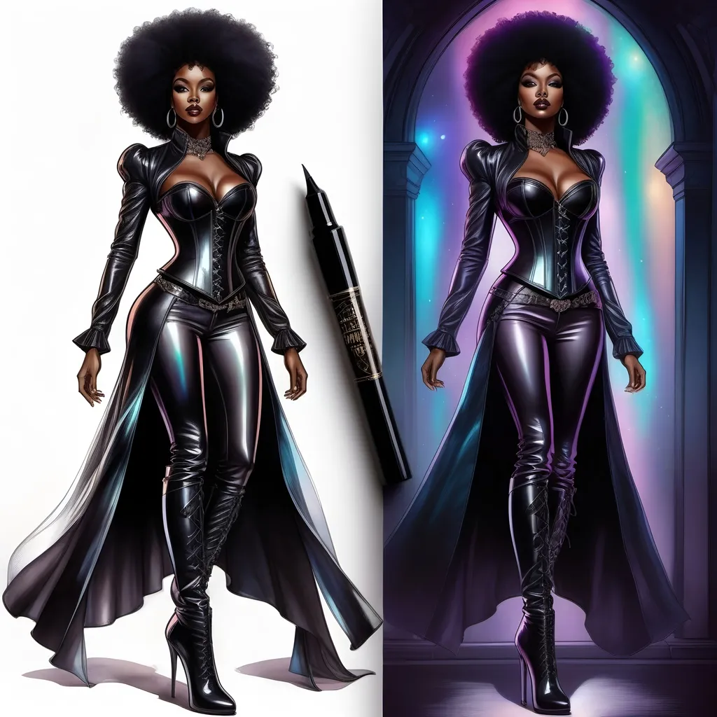 Prompt: a masterpiece dark gothic ink illustration  of a tall strong black woman wearing an iridescent leather corset, leather pants, tall leather boots. she an has a afro.  She looks superior and proud, use dark jewel color palette, iridescent and opalescent lighting, modern fantasy illustration, graphic novel, comic, dark fantasy, cover art, full character art, trending on art station