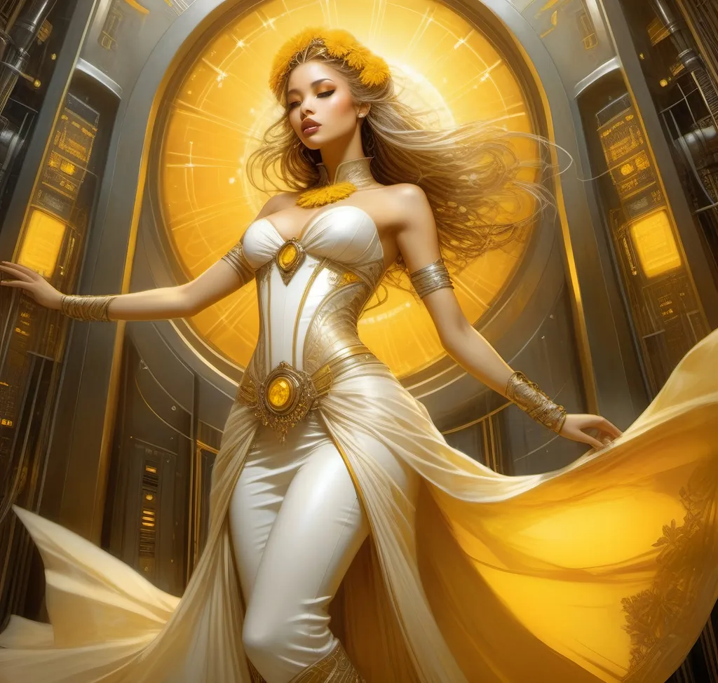 Prompt: Luis Royo masterpiece art style, light brown skinned fairytale princess, elaborate yellow, gold,marigold colored fantasy wedding gown, magically appears in a high security cyberpunk server room, thin, tall white bald man jumps back, surprised expression, elaborate gown details, high quality, detailed, fantasy, retro-futuristic, princess, cyberpunk, server room, rich color tones, dramatic lighting