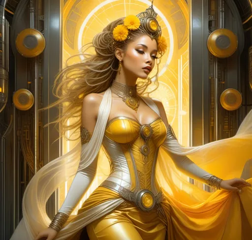 Prompt: Luis Royo masterpiece art style, light brown skinned fairytale princess, elaborate yellow, gold,marigold colored fantasy wedding gown, magically appears in a high security cyberpunk server room, thin, tall white bald man jumps back, surprised expression, elaborate gown details, high quality, detailed, fantasy, retro-futuristic, princess, cyberpunk, server room, rich color tones, dramatic lighting