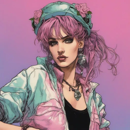 Prompt: (Winona Ryder) rollerblading in <mymodel> artstyle , (Masterpiece), she has her hair in spacebuns with long side bangs, highly detailed rendered hair, professionally rendered, pastel goth fashion, trending on art station 