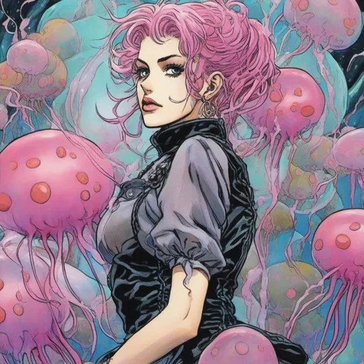 Prompt: <mymodel> Masterpiece, Winona Ryder with a “jellyfish haircut”, pastel goth fashion in an interesting, full body, dynamic model fashion pose, misc-manga, anime, detailed features, professional art, vibrant colors, dramatic lighting, highres, ultra-detailed,(Hirohiko Araki) mangaka artstyle , dynamic lighting, 4k, high resolution, clear line art, dark hatchmark shading, beautiful faces, illustration, 80s pop-art, psychedelia, and contemporary art, with vibrant colors and bold, exaggerated character designs, jojo's bizarre adventures. Stardust Crusaders style, trending on art station 