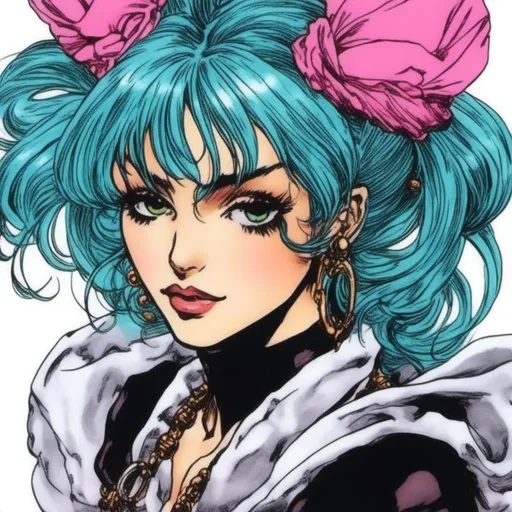 Prompt: (Winona Ryder) rollerblading in <mymodel> artstyle , (Masterpiece), she has her hair in spacebuns with long side bangs, highly detailed rendered hair, professionally rendered, pastel goth fashion, misc-manga, anime, detailed features, professional art, vibrant colors, dramatic lighting, highres, ultra-detailed, ( Hirohiko Araki) mangaka artstyle , iridescent colors, 4k, high resolution, clear line art, (dark hatchmark shading), beautiful faces, illustration, 80s pop-art, “exaggerated character designs”, jojo's bizarre adventures, Stardust Crusaders style, trending on art station 