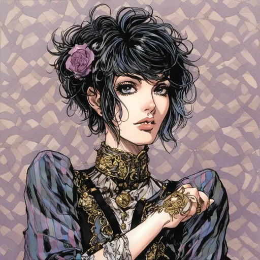 Prompt: <mymodel> Masterpiece, Winona Ryder with a short haircut, highly detailed rendered hair, professionally rendered,  pastel goth fashion in an interesting, full body, dynamic model fashion pose, misc-manga, anime, detailed features, professional art, vibrant colors, dramatic lighting, highres, ultra-detailed,(Hirohiko Araki) mangaka artstyle , dynamic lighting, 4k, high resolution, clear line art, dark hatchmark shading, beautiful faces, illustration, 80s pop-art, psychedelia, and contemporary art, with vibrant colors and bold, exaggerated character designs, jojo's bizarre adventures. Stardust Crusaders style, trending on art station 