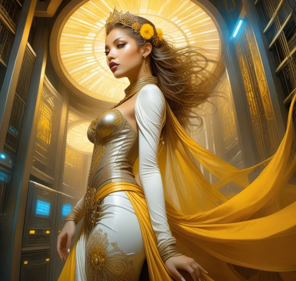 Prompt: Luis Royo masterpiece art style, light brown skinned fairytale princess, elaborate yellow, gold,marigold colored fantasy wedding gown, magically appears in a high security cyberpunk server room, thin, tall white bald man jumps back, surprised expression, elaborate gown details, high quality, detailed, fantasy, retro-futuristic, princess, cyberpunk, server room, rich color tones, dramatic lighting