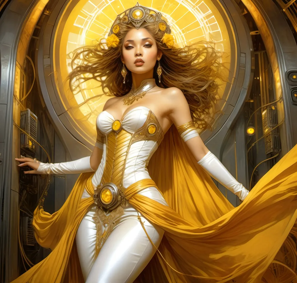 Prompt: Luis Royo masterpiece art style, light brown skinned fairytale princess, elaborate yellow, gold,marigold colored fantasy wedding gown, magically appears in a high security cyberpunk server room, thin, tall white bald man jumps back, surprised expression, elaborate gown details, high quality, detailed, fantasy, retro-futuristic, princess, cyberpunk, server room, rich color tones, dramatic lighting