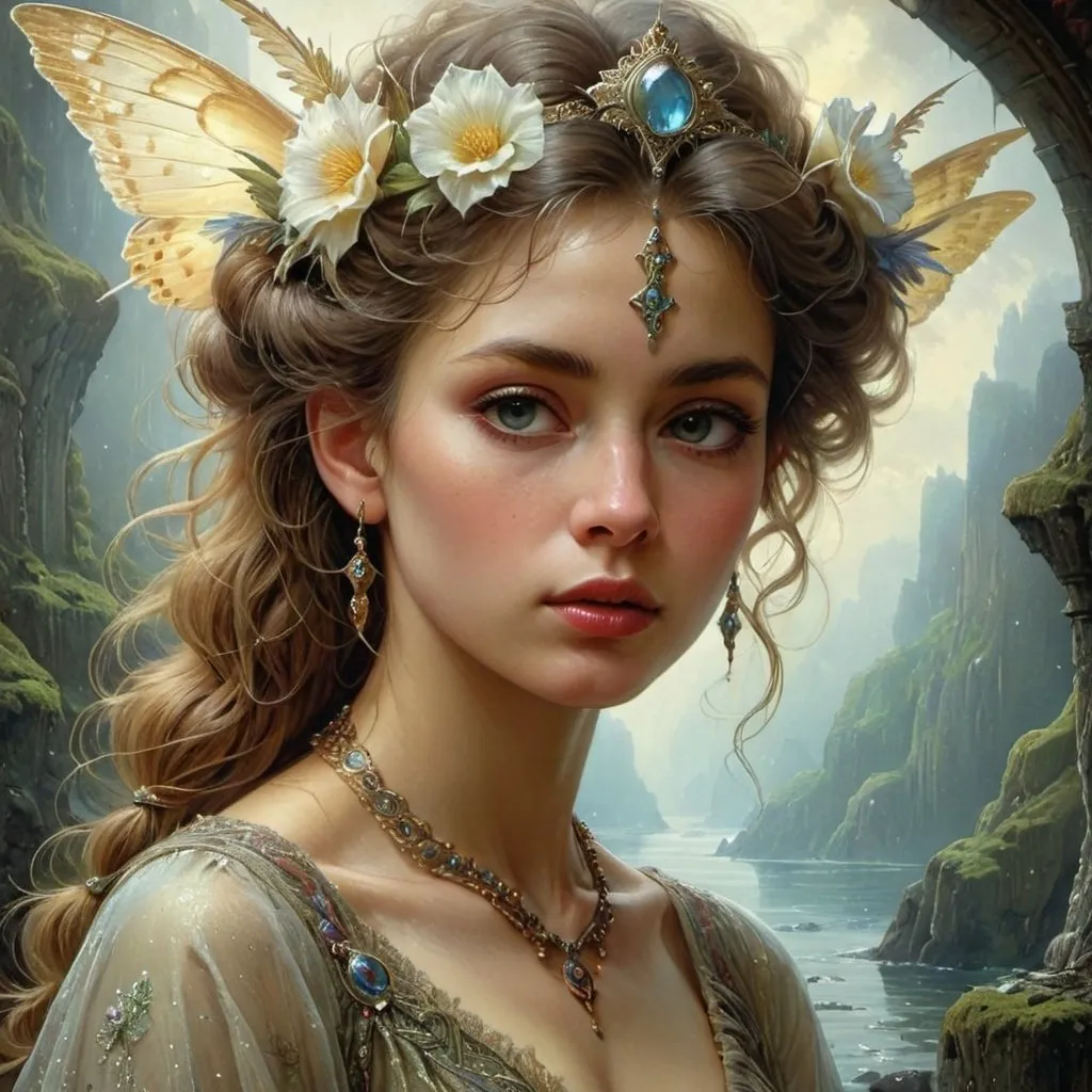 Prompt: Breathtaking close up fantasy portrait, Beautiful young woman, captivating, riveting, realistic character art, ((by Alexander Averin)), ((by Tom Bagshaw)), ((by John Anster Fitzgerald)), ((by Josephine Wall)), ((by Zdzislaw Beksinski)), ((by John Atkinson Grimshaw)).