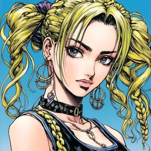 Prompt: <mymodel> Masterpiece, Winona Ryder with bun braids, highly detailed rendered hair, professionally rendered, pastel goth fashion. She stands in a full body, dynamic model fashion pose, misc-manga, anime, detailed features, professional art, vibrant colors, dramatic lighting, highres, ultra-detailed,(Hirohiko Araki) mangaka artstyle , iridescent colors, 4k, high resolution, clear line art, dark hatchmark shading, beautiful faces, illustration, 80s pop-art, exaggerated character designs, jojo's bizarre adventures, Stardust Crusaders style, trending on art station 