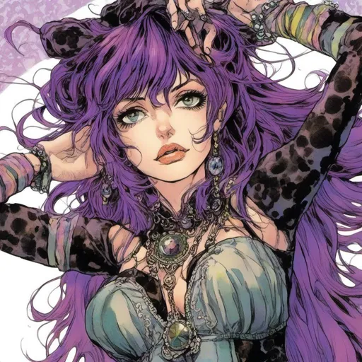 Prompt: <mymodel> Masterpiece, Winona Ryder, pastel goth fashion in an interesting dynamic pose, misc-manga, anime, detailed features, professional art, vibrant colors, dramatic lighting, highres, ultra-detailed,(Hirohiko Araki) mangaka artstyle , dynamic lighting, 4k, high resolution, clear line art, dark hatchmark shading, beautiful faces, illustration, 80s pop-art, psychedelia, and contemporary art, with vibrant colors and bold, exaggerated character designs, jojo's bizarre adventures. Stardust Crusaders style, trending on art station 