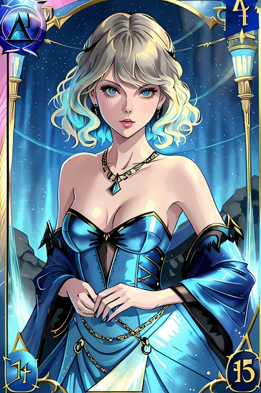 Prompt: Taylor swift, canvas watercolor illustration of a tarot style card deck, Taylor swift as the hangman, wearing iridescent blue gothic style gown, slim body, tarot style, nuanced colors, pearlescent glow, very little contrast, vintage muted colors, center image, dynamic, highly detailed, perfect composition golden ratio, best quality, sharp focus, by With Design In Mind