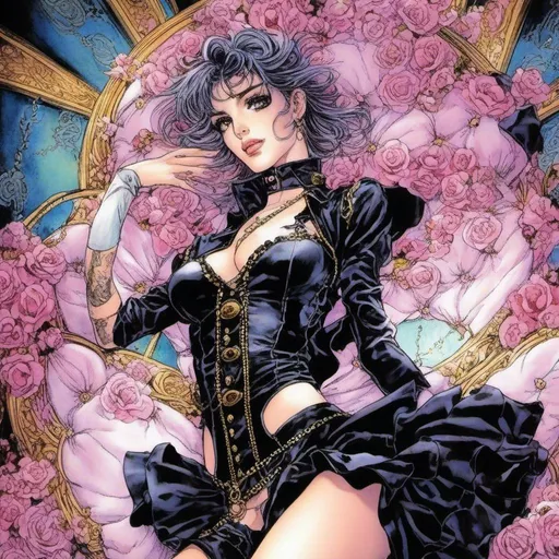 Prompt: <mymodel> Masterpiece, Winona Ryder, pastel goth fashion in an interesting dynamic pose, misc-manga, anime, detailed features, professional art, vibrant colors, dramatic lighting, highres, ultra-detailed,(Hirohiko Araki) mangaka artstyle , dynamic lighting, 4k, high resolution, clear line art, dark hatchmark shading, beautiful faces, illustration, 80s pop-art, psychedelia, and contemporary art, with vibrant colors and bold, exaggerated character designs, jojo's bizarre adventures. Stardust Crusaders style, trending on art station 