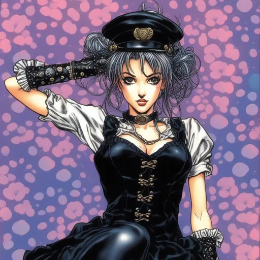 Prompt: (Winona Ryder) rollerblading in <mymodel> artstyle , (Masterpiece), she has her hair in spacebuns with long side bangs, highly detailed rendered hair, professionally rendered, pastel goth fashion, misc-manga, anime, detailed features, professional art, vibrant colors, dramatic lighting, highres, ultra-detailed, ( Hirohiko Araki) mangaka artstyle , iridescent colors, 4k, high resolution, clear line art, (dark hatchmark shading), beautiful faces, illustration, 80s pop-art, “exaggerated character designs”, jojo's bizarre adventures, Stardust Crusaders style, trending on art station 