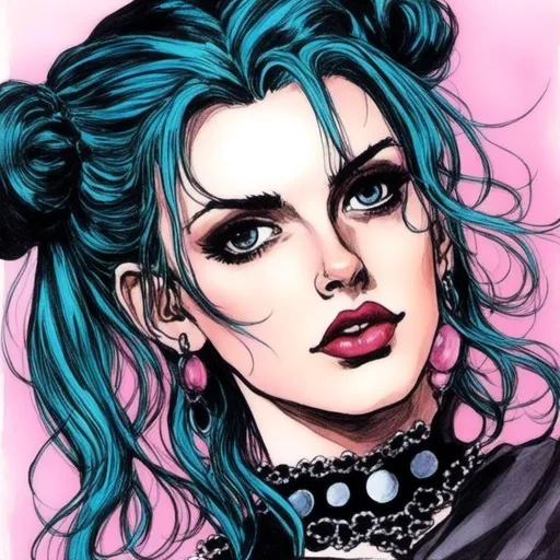 Prompt: “Winona Ryder” fighting a dark evil spirit in <mymodel> artstyle , (Masterpiece), she has her hair in spacebuns with long side bangs, highly detailed rendered hair, professionally rendered, pastel goth fashion, trending on art station 