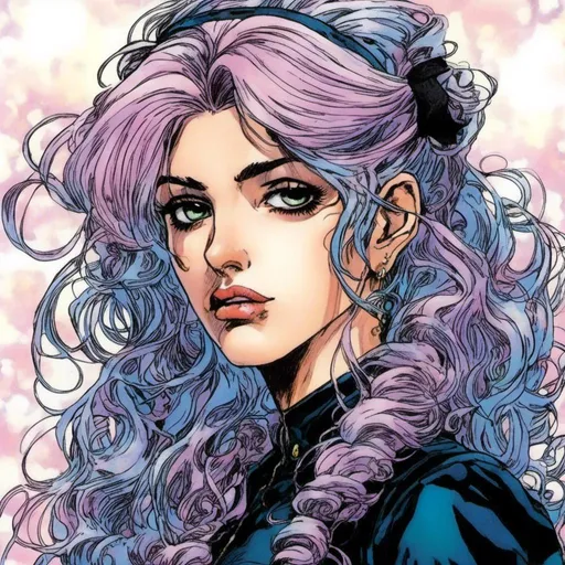 Prompt: <mymodel> Masterpiece, Winona Ryder with “two tone hair color”, pastel goth fashion in an interesting, full body, dynamic model fashion pose, misc-manga, anime, detailed features, professional art, vibrant colors, dramatic lighting, highres, ultra-detailed,(Hirohiko Araki) mangaka artstyle , dynamic lighting, 4k, high resolution, clear line art, dark hatchmark shading, beautiful faces, illustration, 80s pop-art, psychedelia, and contemporary art, with vibrant colors and bold, exaggerated character designs, jojo's bizarre adventures. Stardust Crusaders style, trending on art station 