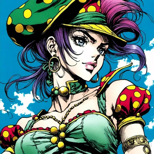 Prompt: <mymodel> Masterpiece, Winona Ryder wearing clown core fashion, misc-manga, anime, beautiful woman in a dynamic fighting pose, detailed features, professional art, vibrant colors, dramatic lighting, highres, ultra-detailed,(Hirohiko Araki) mangaka artstyle , dynamic lighting, 4k, high resolution, clear line art, dark hatchmark shading, beautiful faces, illustration, 80s pop-art, psychedelia, and contemporary art, with vibrant colors and bold, exaggerated character designs, jojo's bizarre adventures. Stardust Crusaders style, trending on art station 