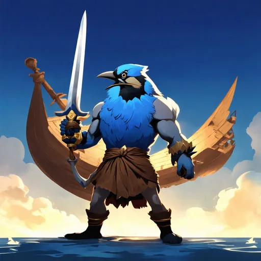 Prompt: Ancient Greek, cartoon blue jay, humanoid, toga, sword, fierce, cool light, in the background a large Greek ship