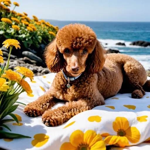 Prompt: a  brown poodle lying on the blanket on the right of the ocean and surrounding by flower