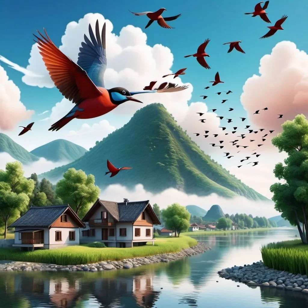 Prompt: A mountain behind a 3d river and birds in the sky with a nice cloud view and a house between the river and the mountain 