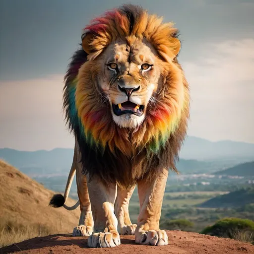 Prompt: A lion that have many colors with an angry face standing on the hill showing that the stay is for stronger